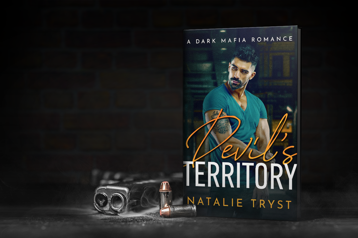 A smoking gun next to a book cover called Devil's Territory by Natalie Tryst